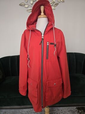 DJab Orange Red Hooded Trench Coat - Casual Zipper Utility Jacket Windbreaker L